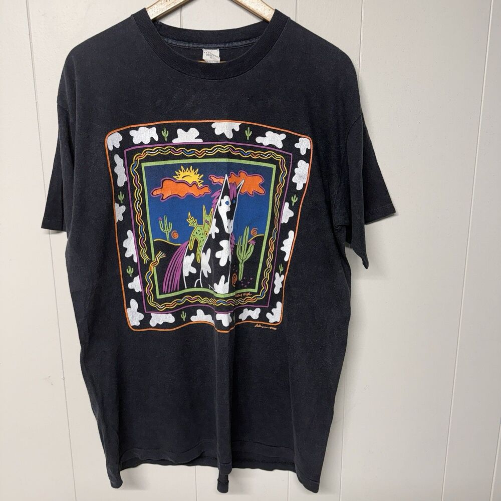 Vtg 1989 Art Works Riding High T Shirt XL Single Stitch Desert Horse Neon USA